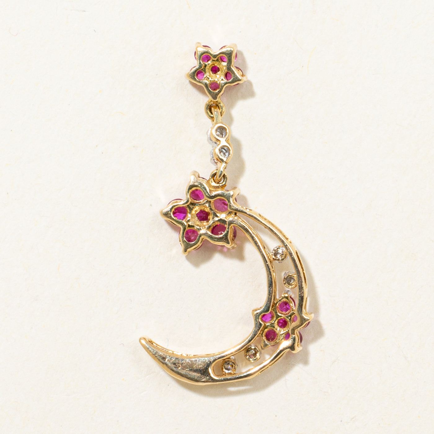 18k Synthetic Ruby & Diamond Cluster Moon Pendant | 0.64ctw, 0.03ctw