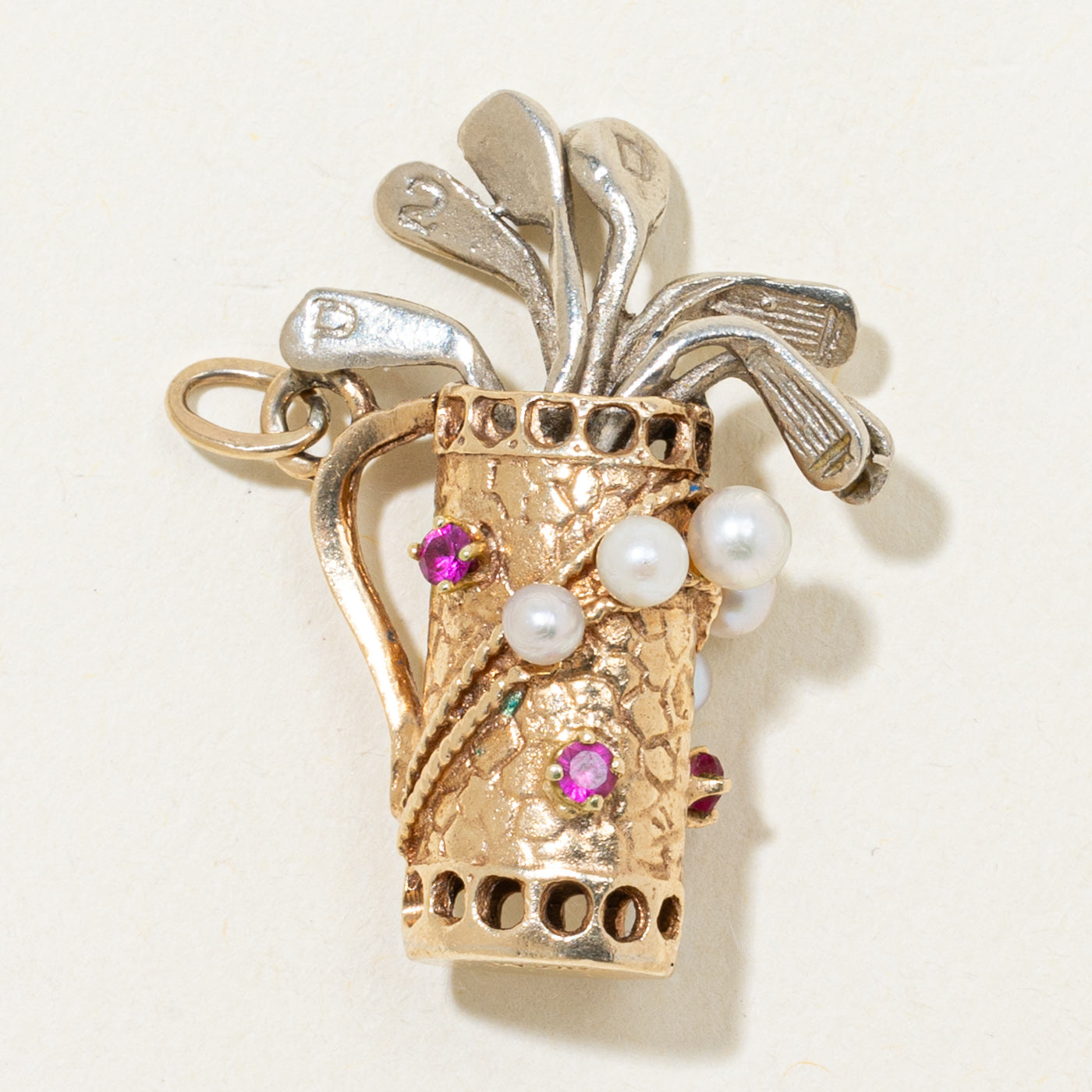 Two Tone Gold Synthetic Ruby & Cultured Pearl Golf Bag Pendant | 0.34ctw