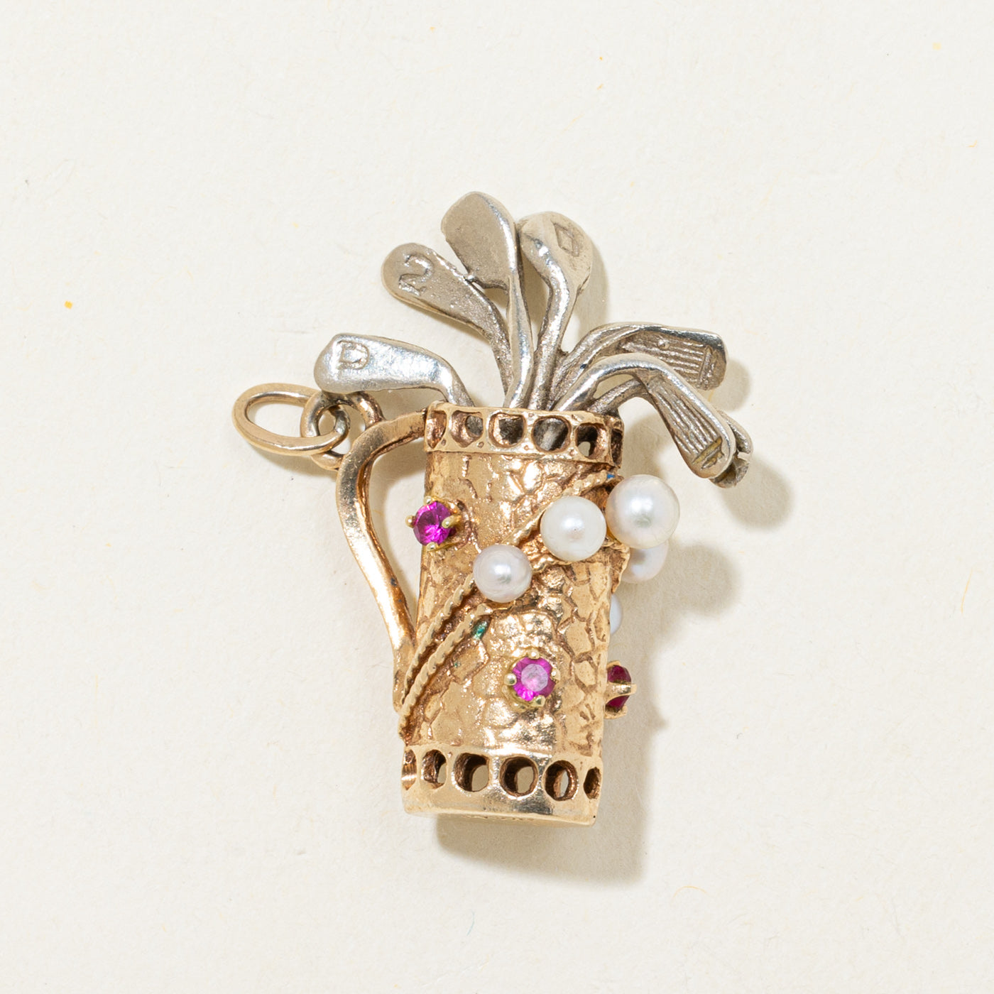 Two Tone Gold Synthetic Ruby & Cultured Pearl Golf Bag Pendant | 0.34ctw