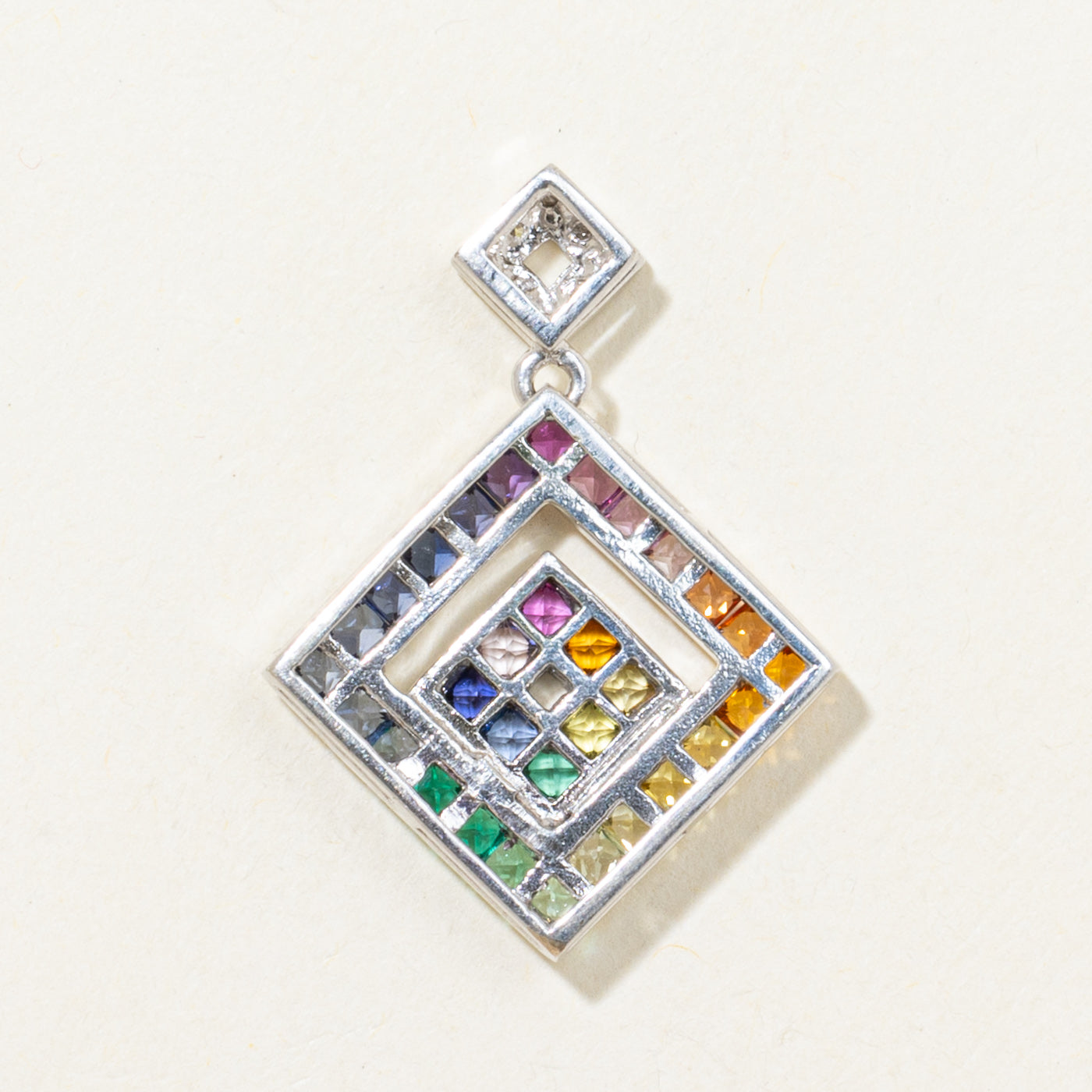 Channel Set Multi Colour Synthetic Sapphire & Diamond Pendant | 1.50ctw, 0.04ctw