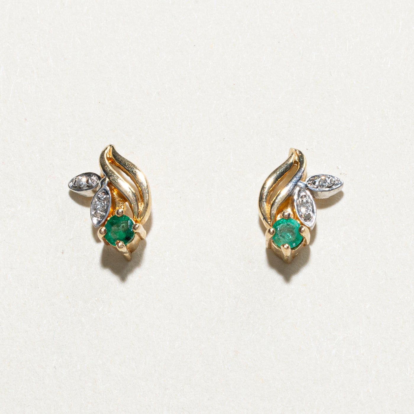 10K Emerald & Diamond Floral Stud Earrings