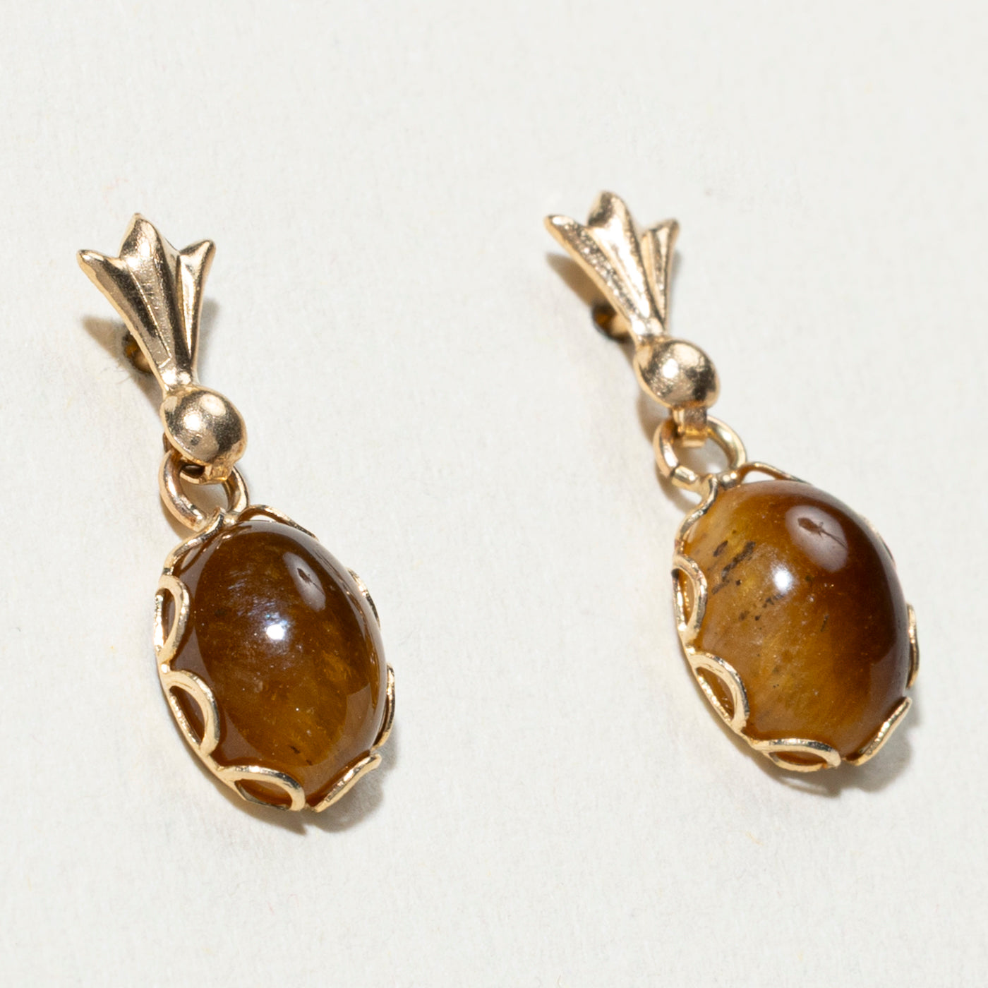 14K Cabochon Tiger's Eye Drop Earrings