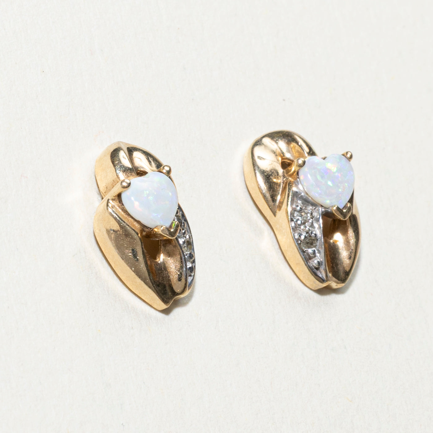 10K Heart Cabochon Opal & Diamond Stud Earrings