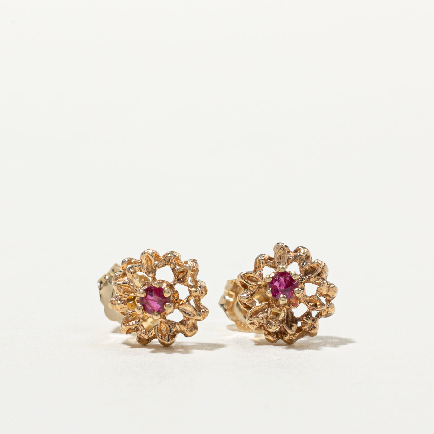 10K Synthetic Ruby Flower Stud Earrings