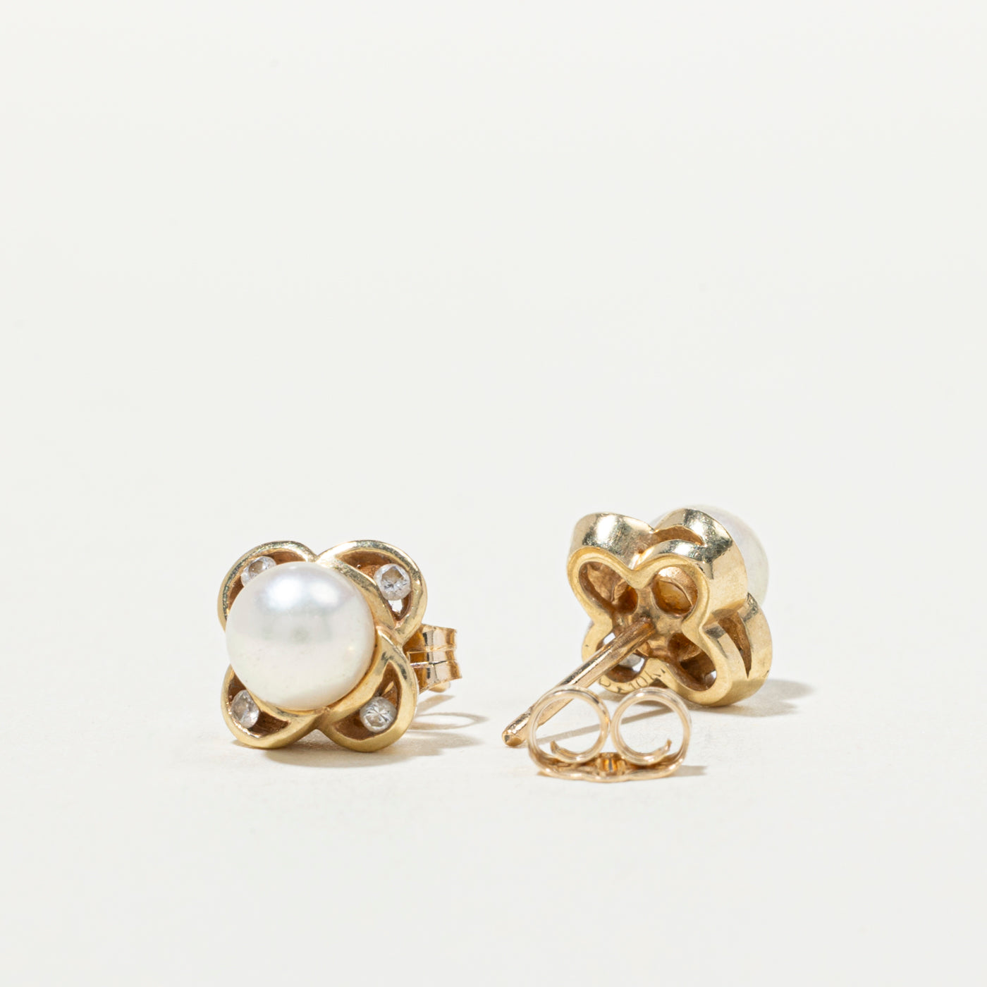 10K Pearl & Diamond Flower Stud Earrings
