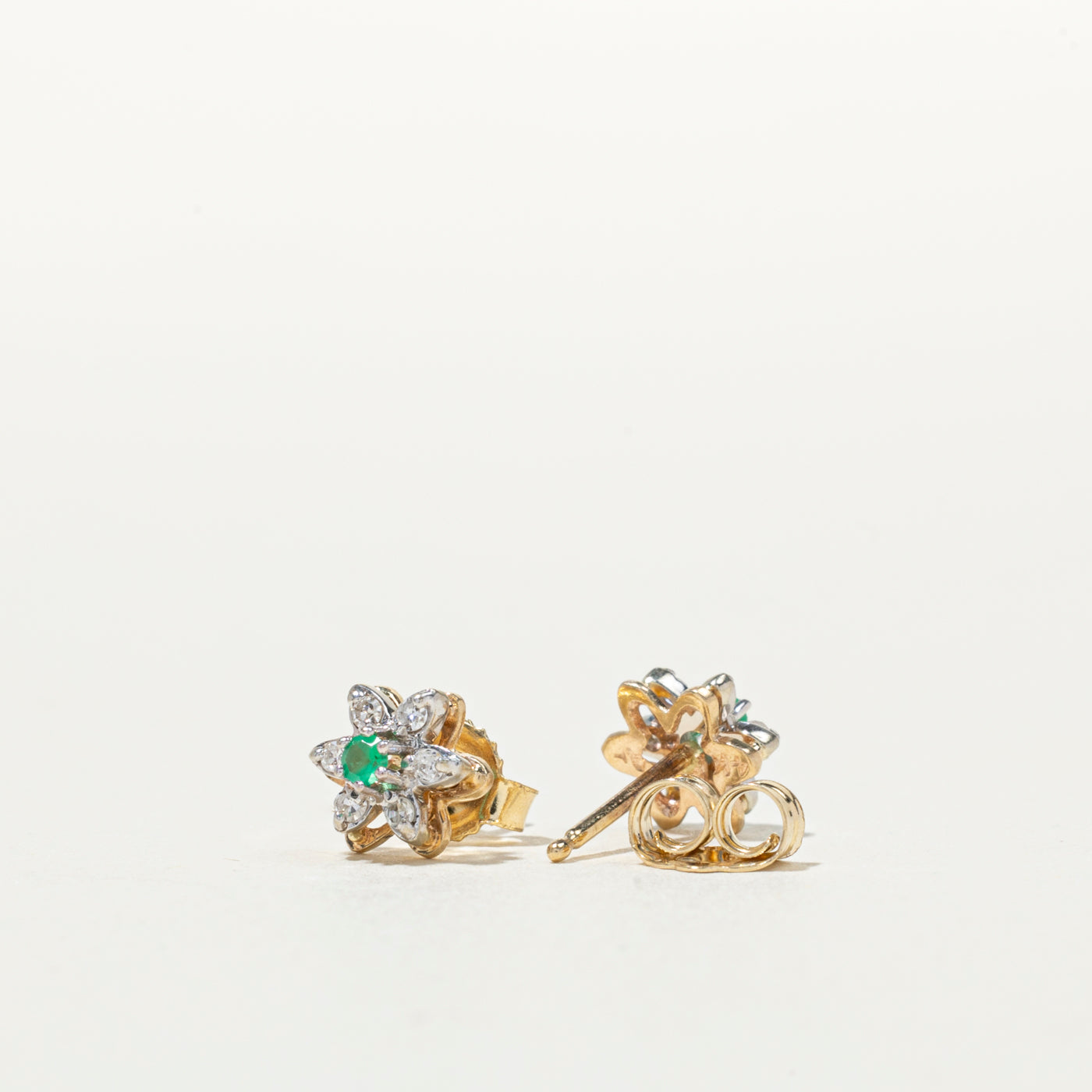 14K Emerald & Diamond Flower Stud Earrings