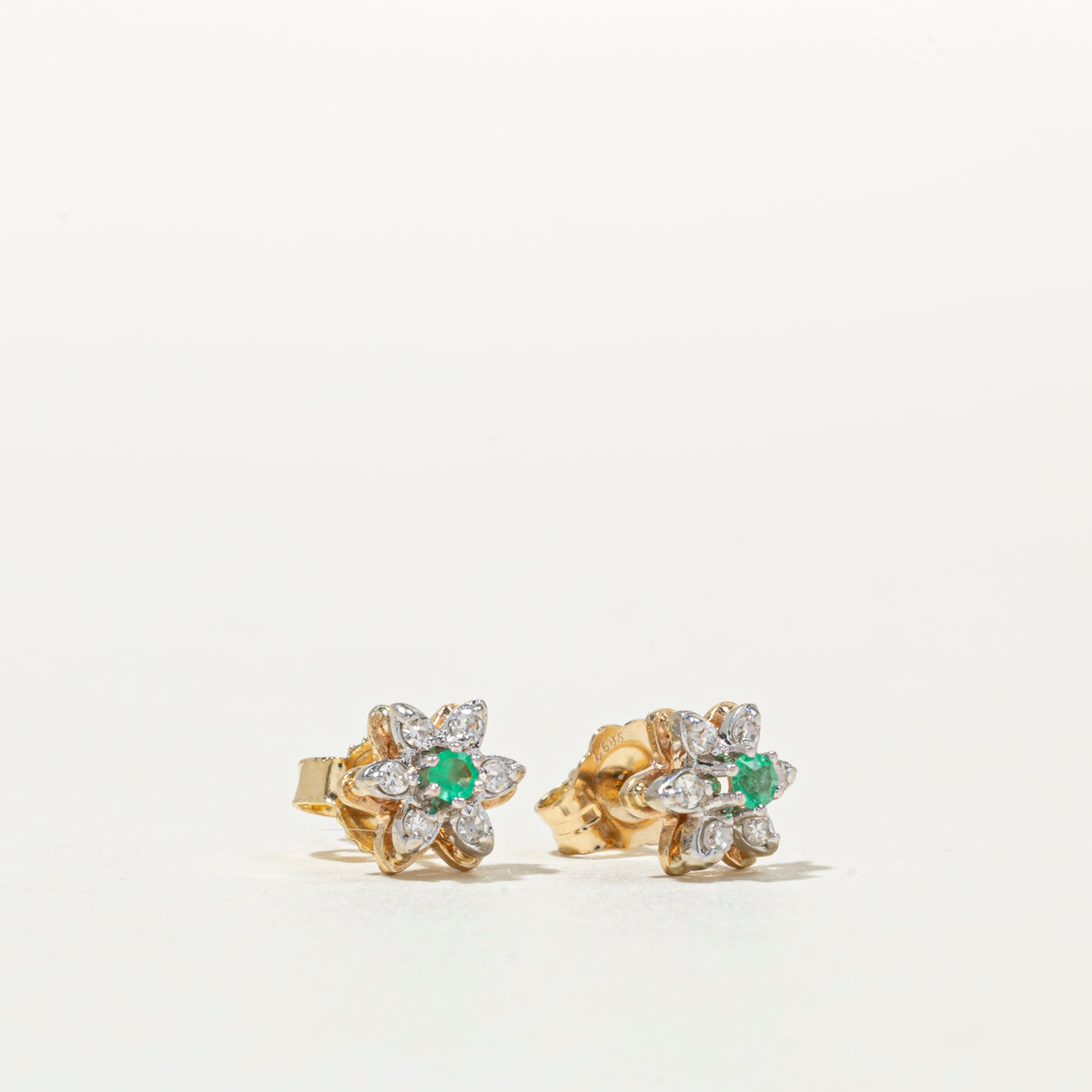 14K Emerald & Diamond Flower Stud Earrings
