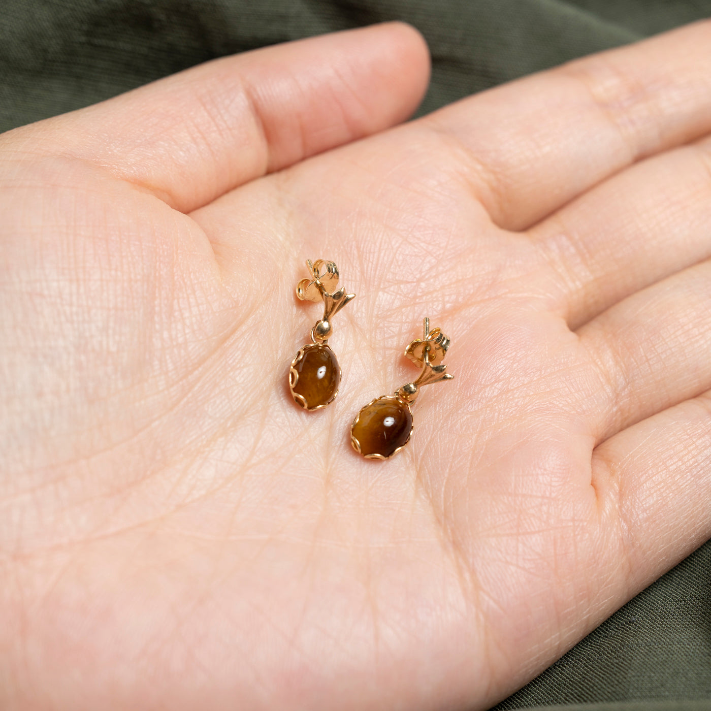 14K Cabochon Tiger's Eye Drop Earrings