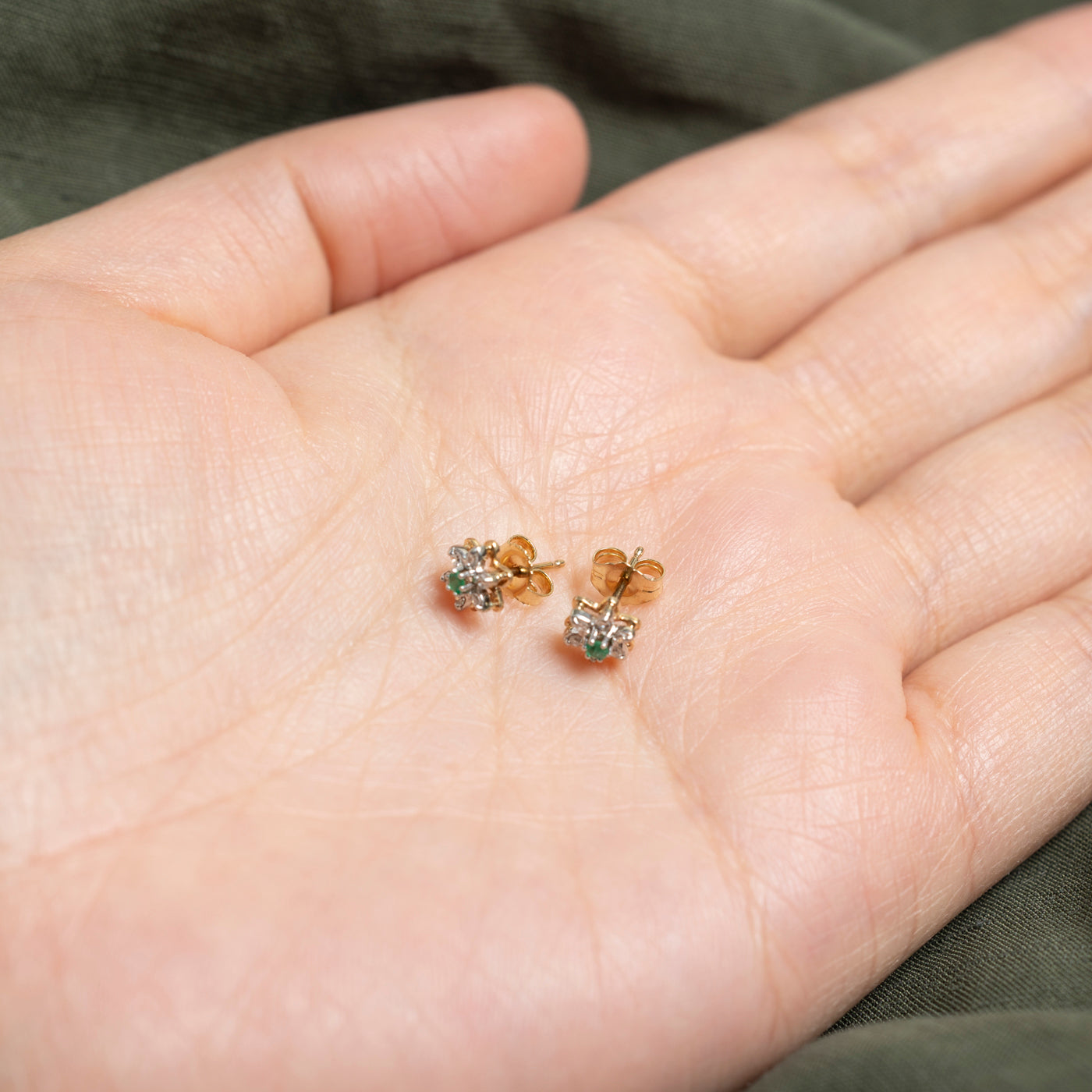 14K Emerald & Diamond Flower Stud Earrings