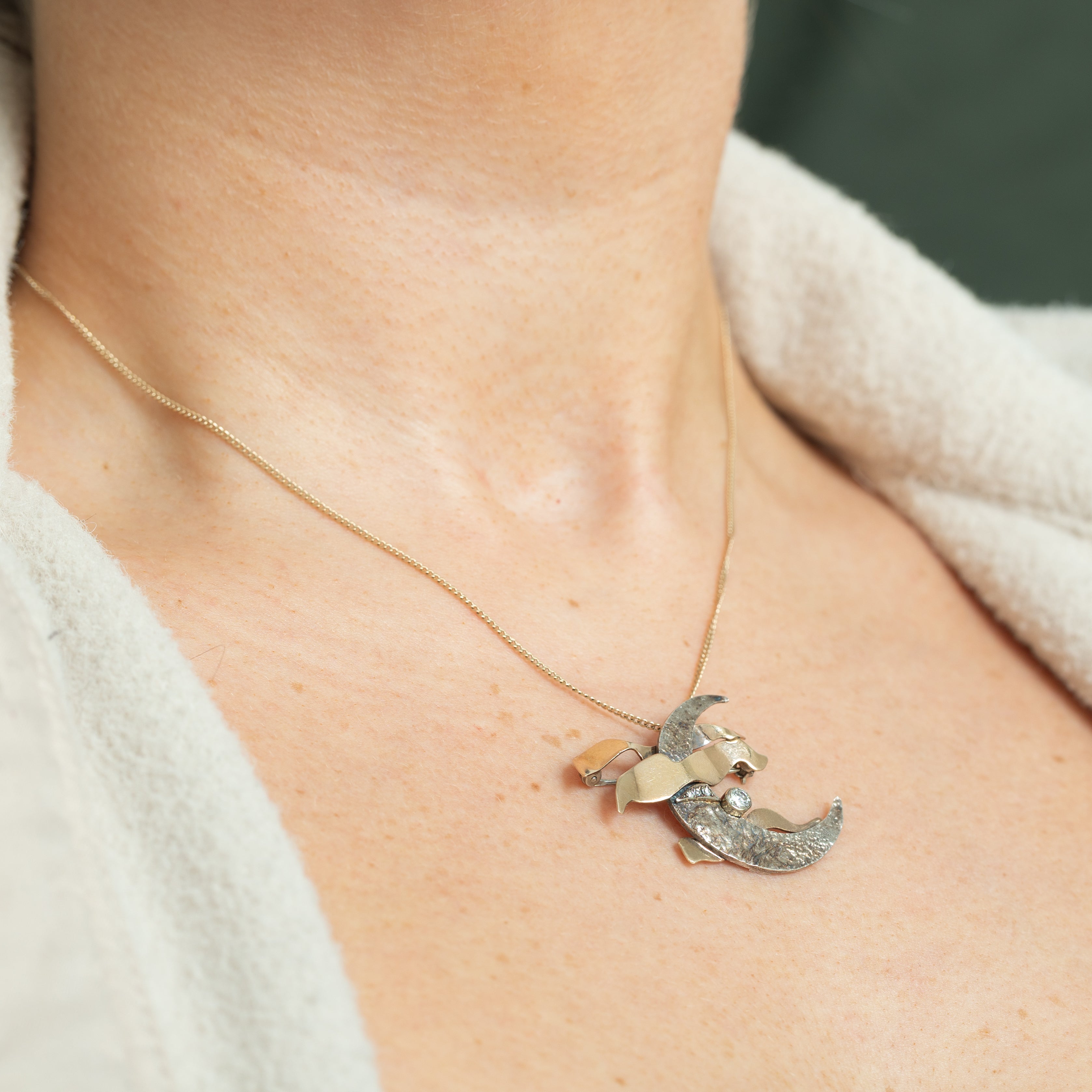 Textured Moon Diamond Brooch Pendant | 0.16ct |