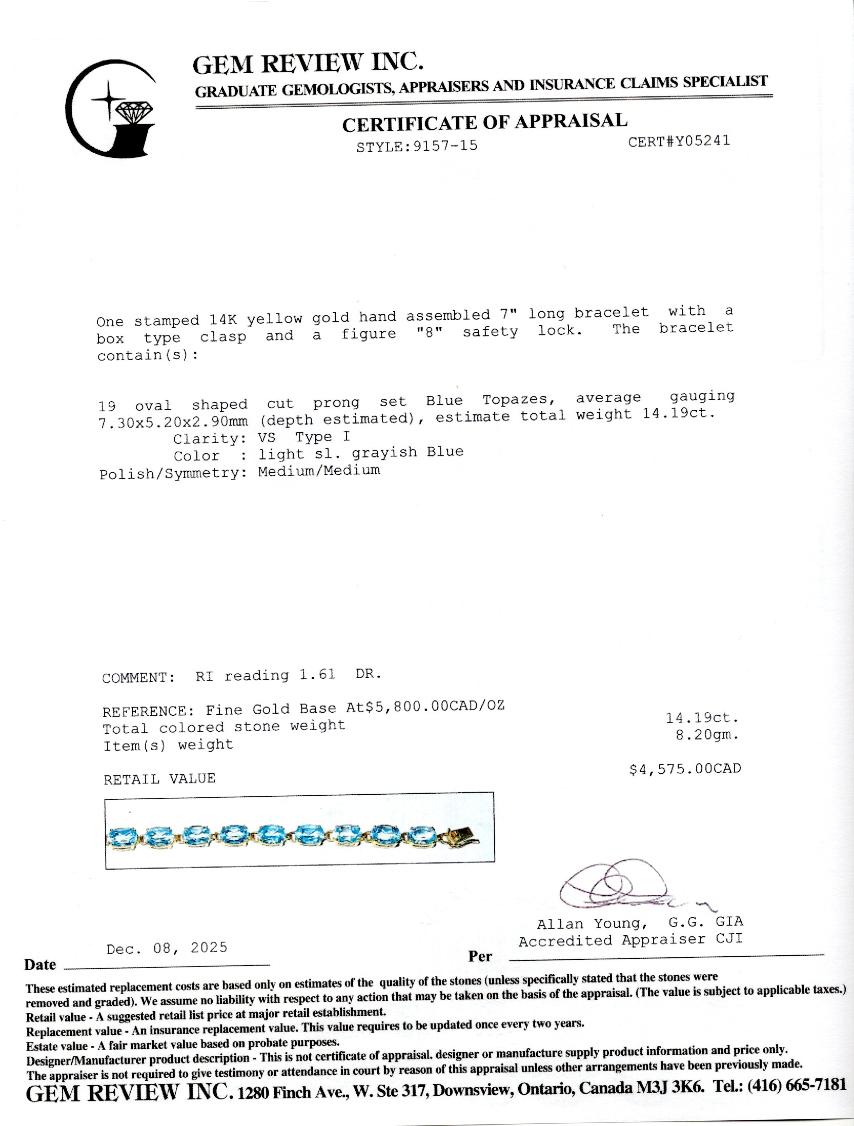 Bracelet de tennis en topaze bleue | 14,19 ct | 17,8 cm