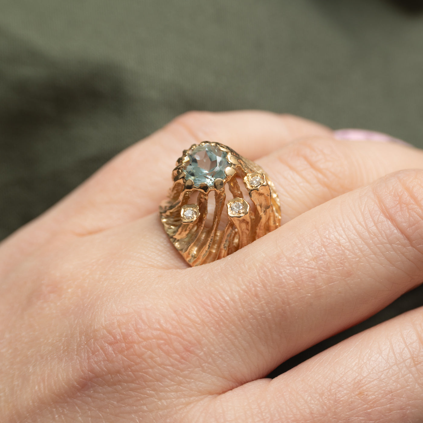 14k Aquamarine & Diamond Abstract Cocktail Ring | 1.65ct, 0.09ctw | SZ 6.25