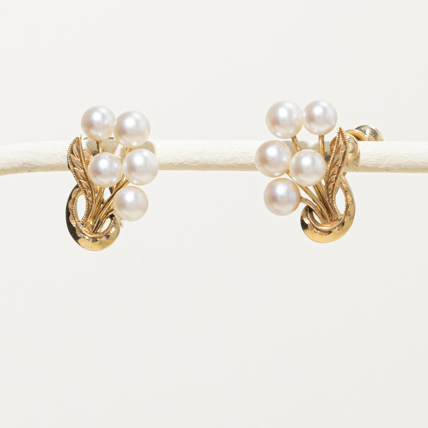 ‘Birks’ 14k Pearl Floral Cluster Screw Clip On Earrings