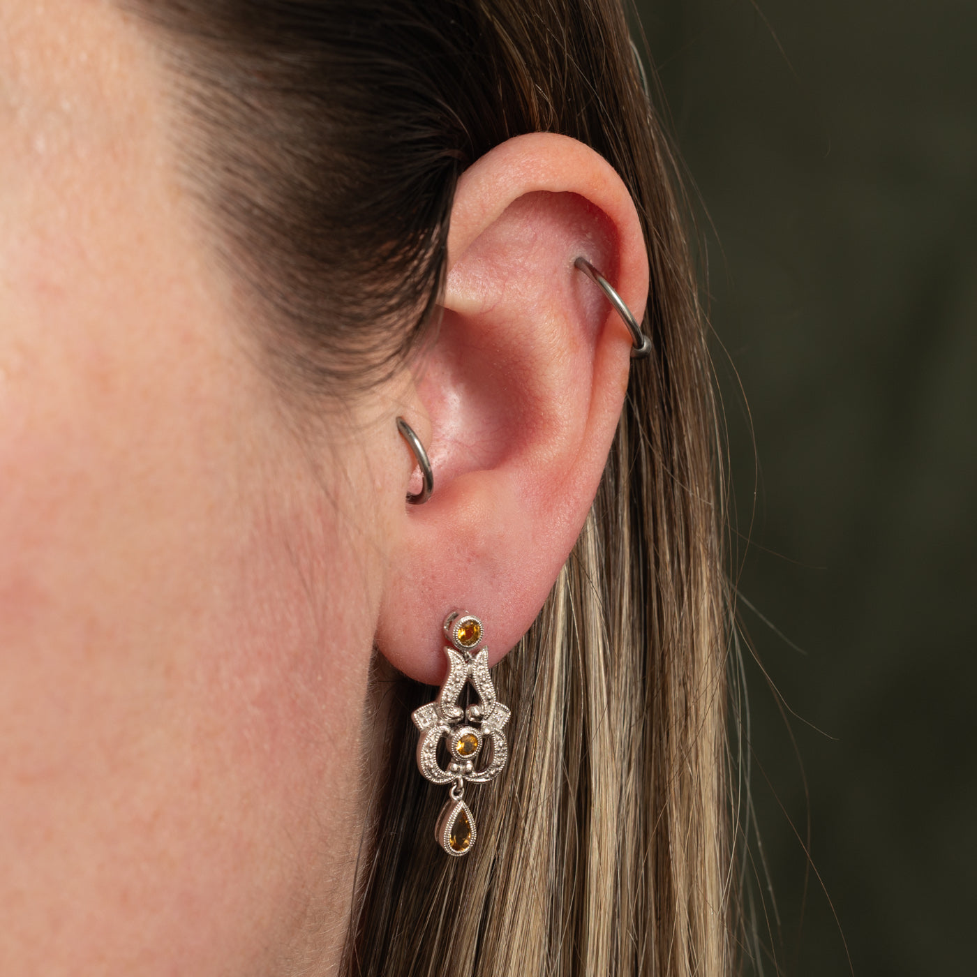10k Citrine & Diamond Ornate Drop Earrings | 0.60ctw, 0.02ctw
