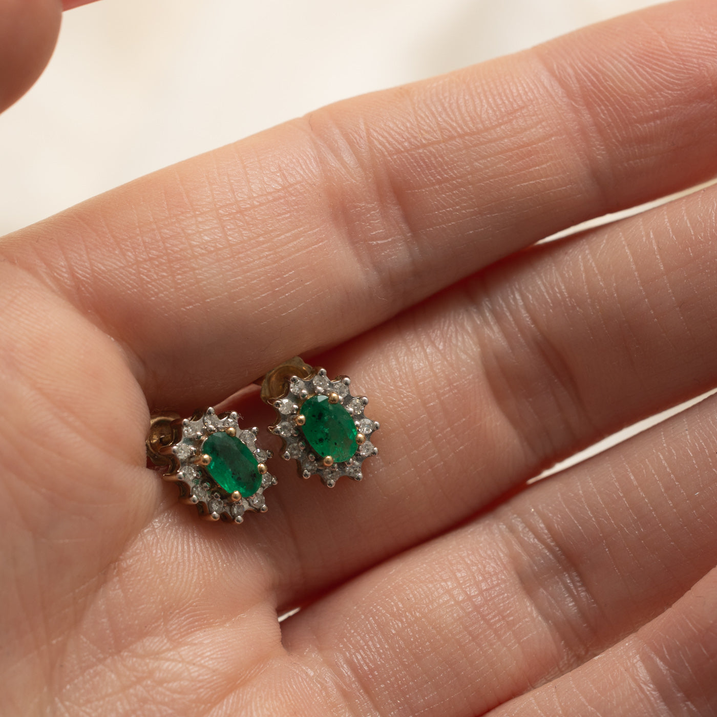 10k Emerald & Diamond Petal Halo Earrings | 0.60ctw, 0.12ctw