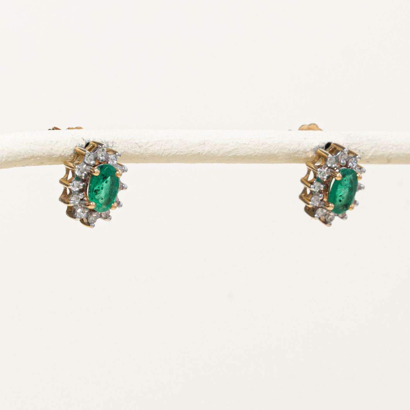 10k Emerald & Diamond Petal Halo Earrings | 0.60ctw, 0.12ctw