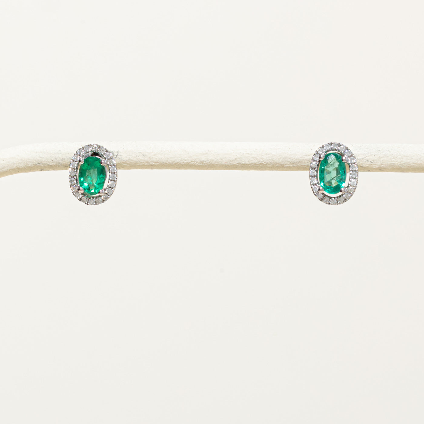 18k Oval Cut Emerald & Diamond Halo Earrings | 0.70ctw, 0.08ctw
