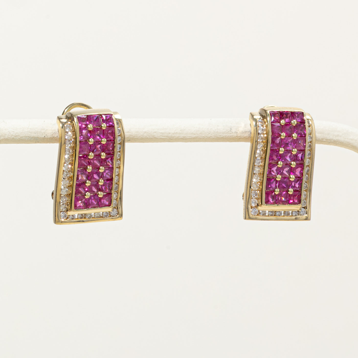 14k Synthetic Ruby & Diamond Grid Stud Earrings | 3.30ctw, 0.30ctw
