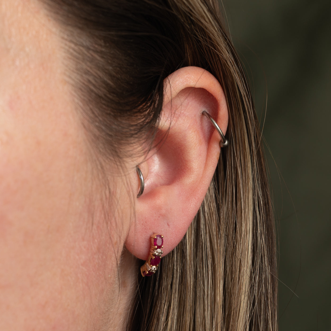 10k Ruby & Diamond Half Huggie Earrings | 1.00ctw, 0.02ctw