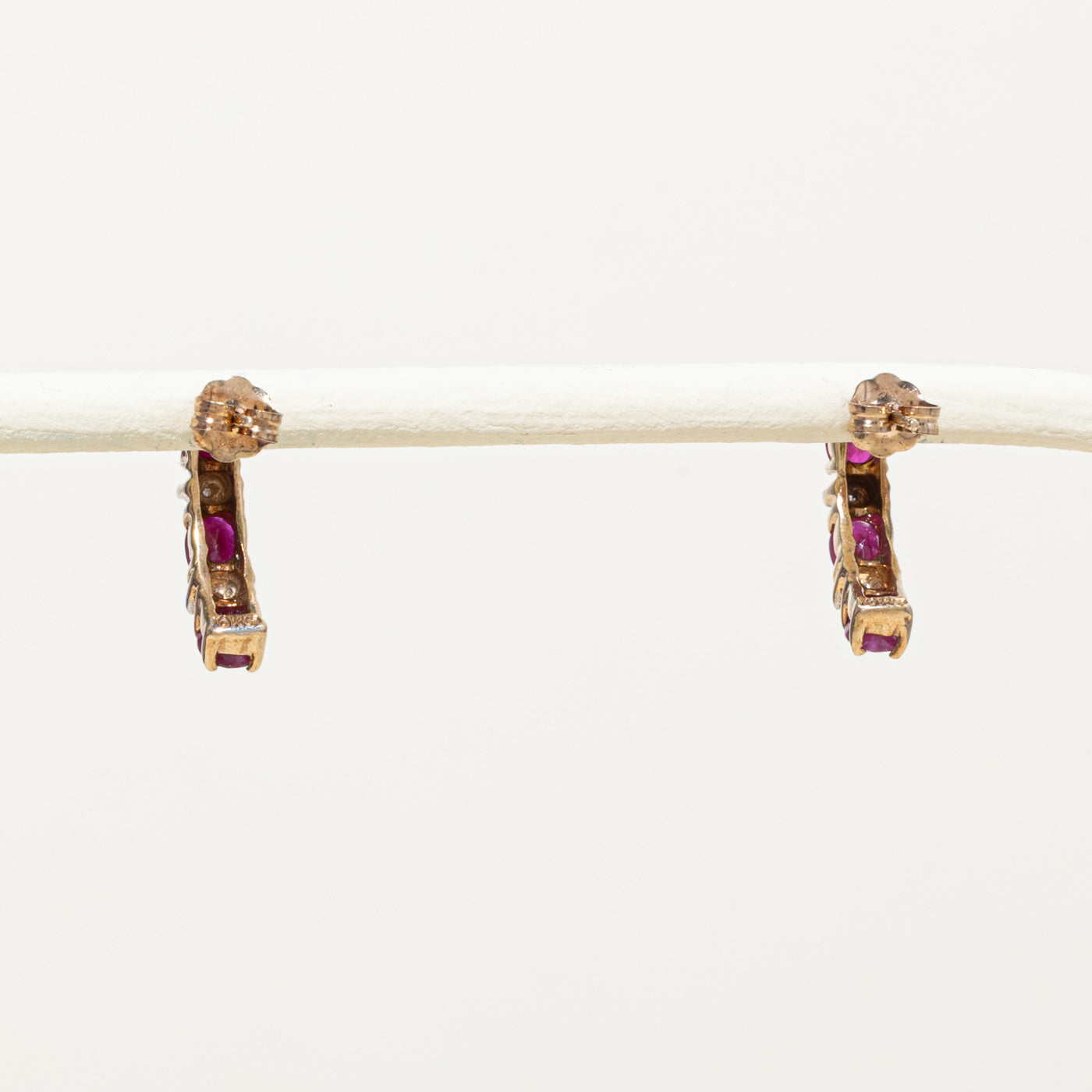 10k Ruby & Diamond Half Huggie Earrings | 1.00ctw, 0.02ctw