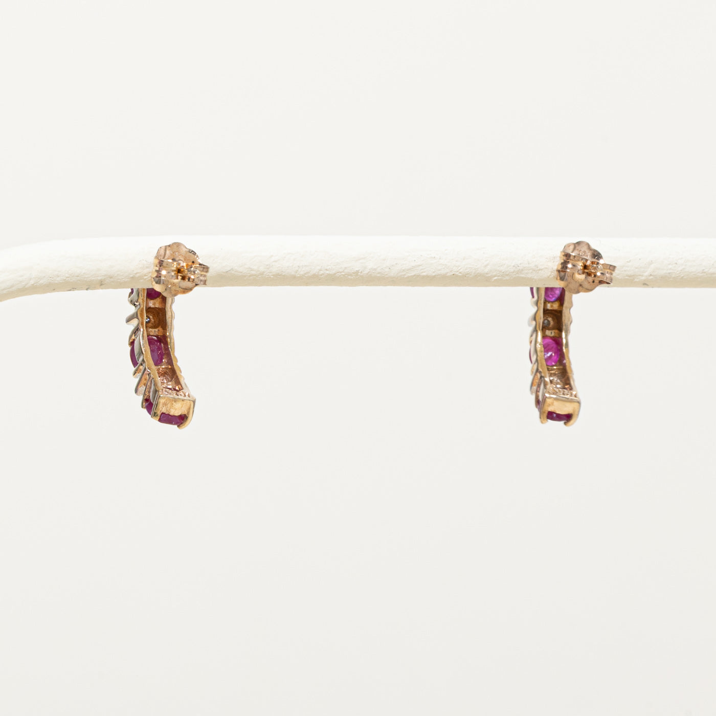 10k Ruby & Diamond Half Huggie Earrings | 1.00ctw, 0.02ctw