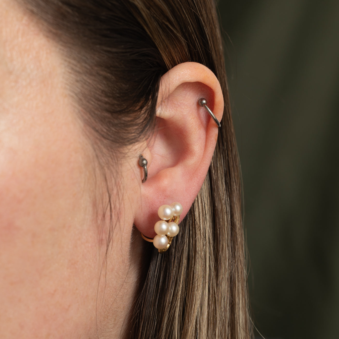 ‘Birks’ 14k Pearl Floral Cluster Screw Clip On Earrings