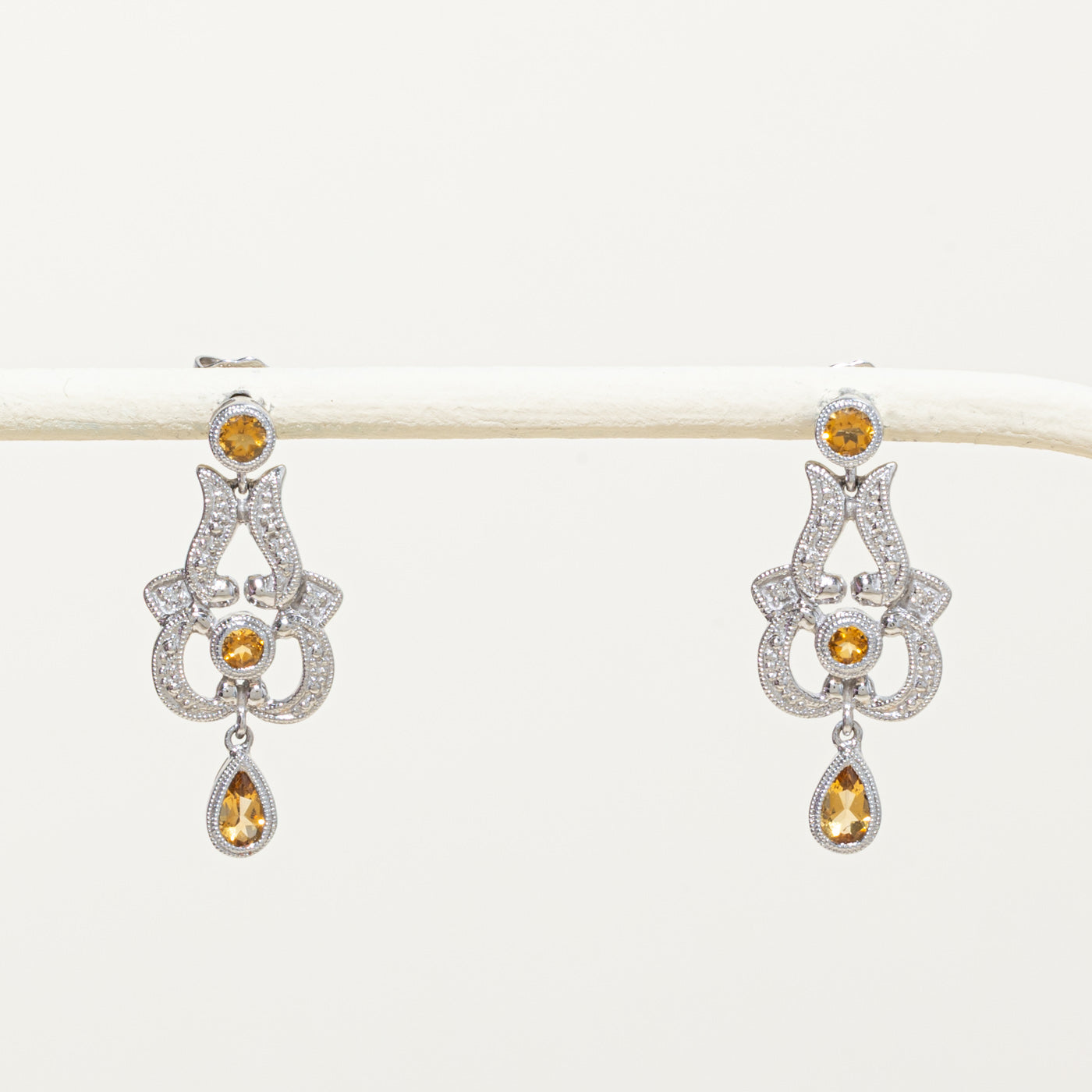 10k Citrine & Diamond Ornate Drop Earrings | 0.60ctw, 0.02ctw