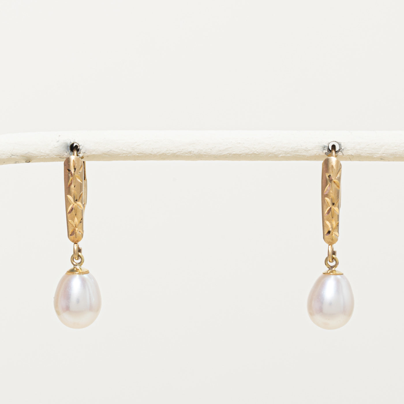 14k Pearl Engraved Drop Earrings