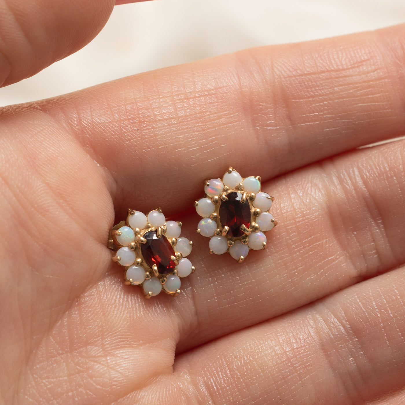 14k Garnet & Opal Petal Halo Stud Earrings | 2.0ctw