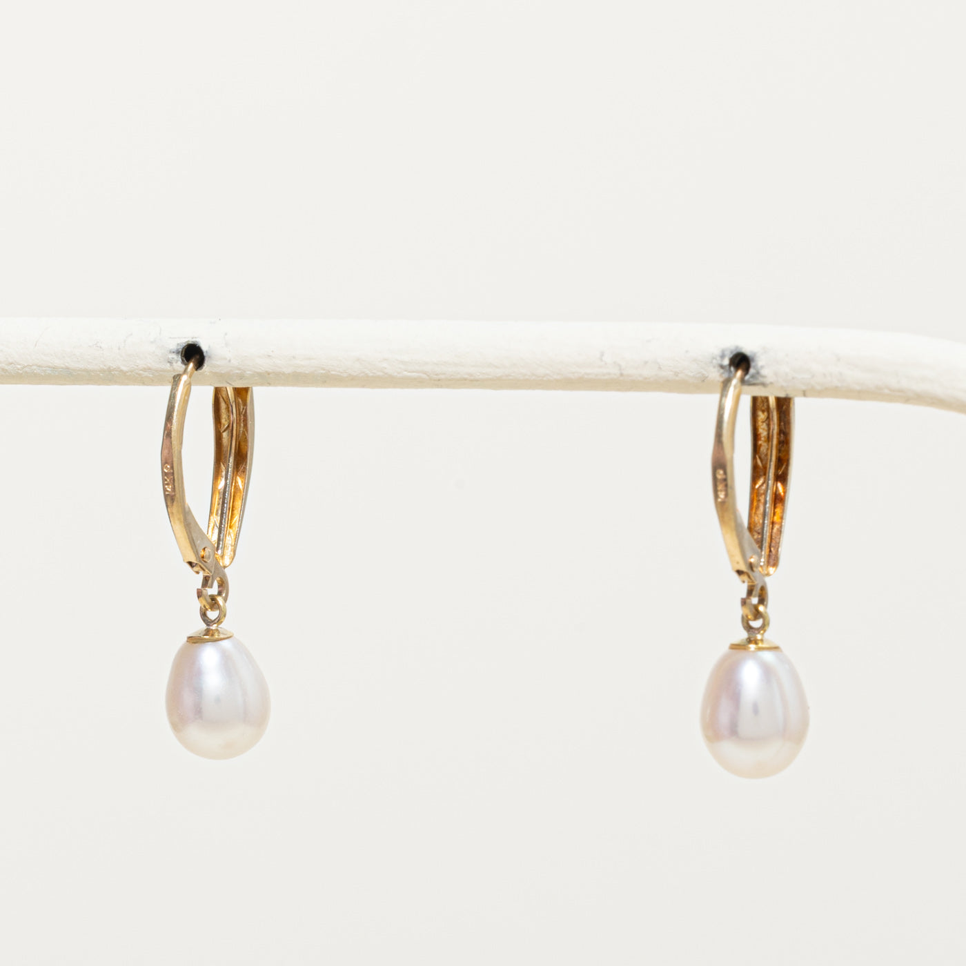 14k Pearl Engraved Drop Earrings