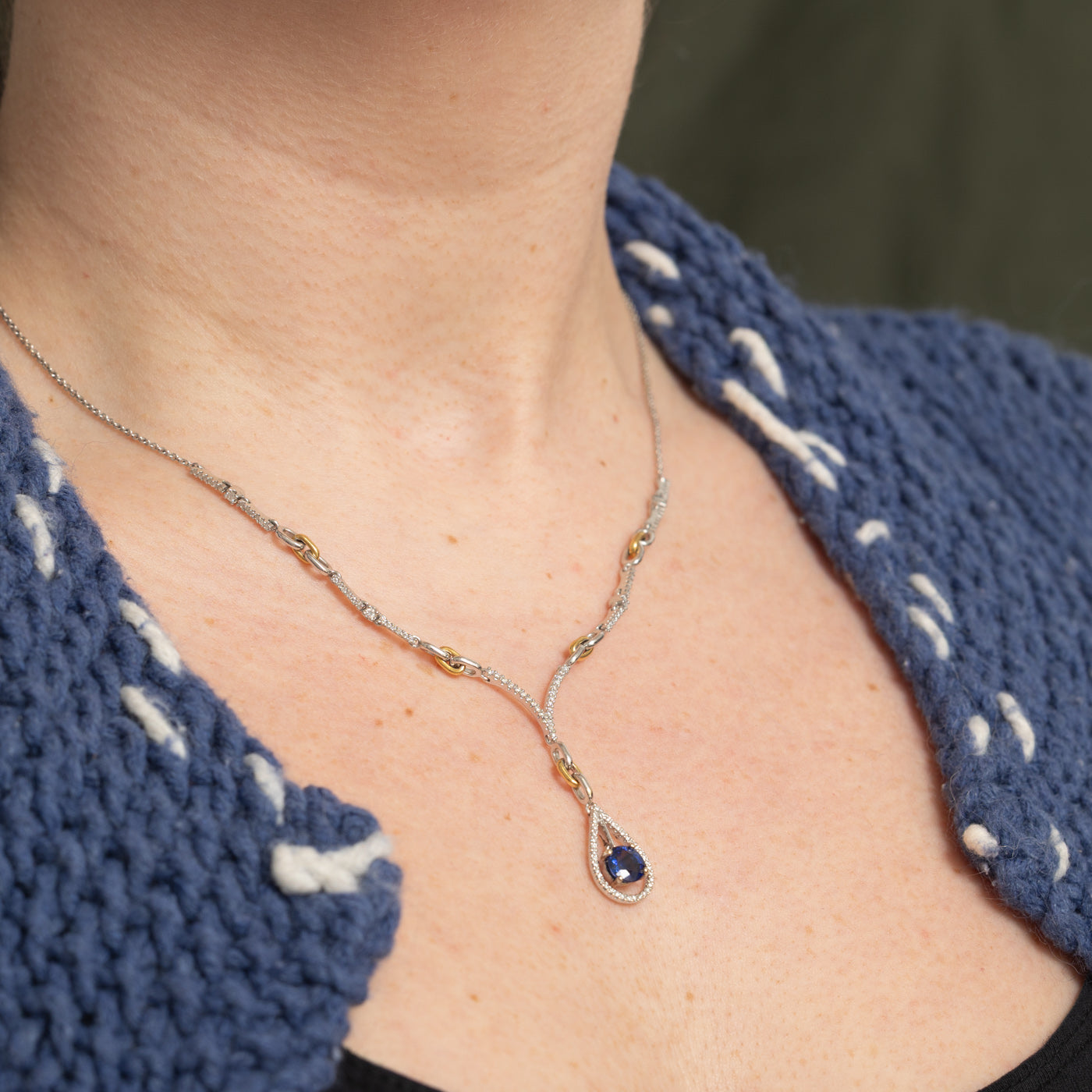 18k Sapphire & Diamond Pear Shaped Drop Necklace | 1.25ct, 0.50ctw | 16"