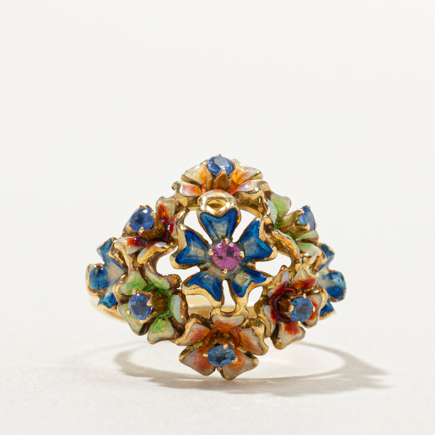Art Nouveau 18k Enamel, Sapphire and Ruby Floral Cluster Ring | 0.03 ctw, 0.15ctw  | SZ 5.25