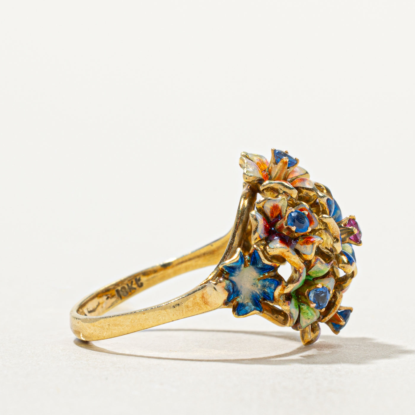 Art Nouveau 18k Enamel, Sapphire and Ruby Floral Cluster Ring | 0.03 ctw, 0.15ctw  | SZ 5.25