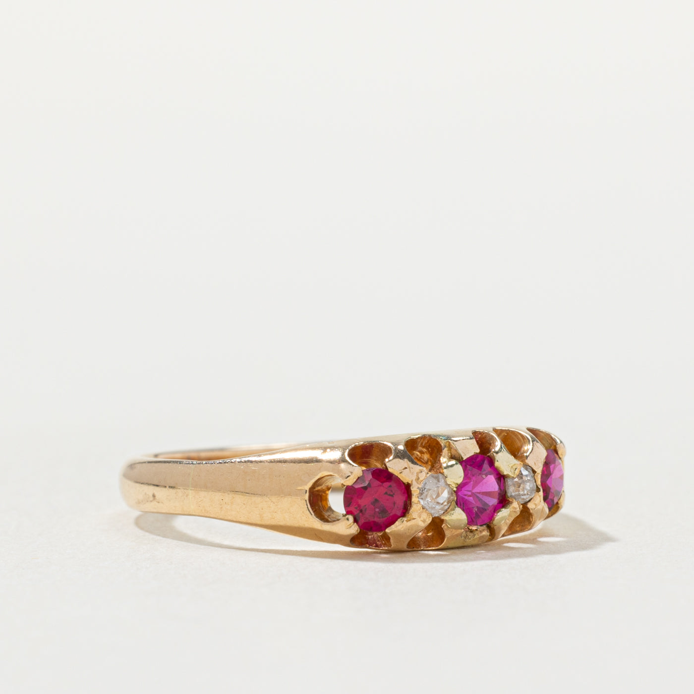 18k Synthetic Ruby & Natural Diamond Boat Ring | 0.35ctw, 0.06ctw | SZ 6.75