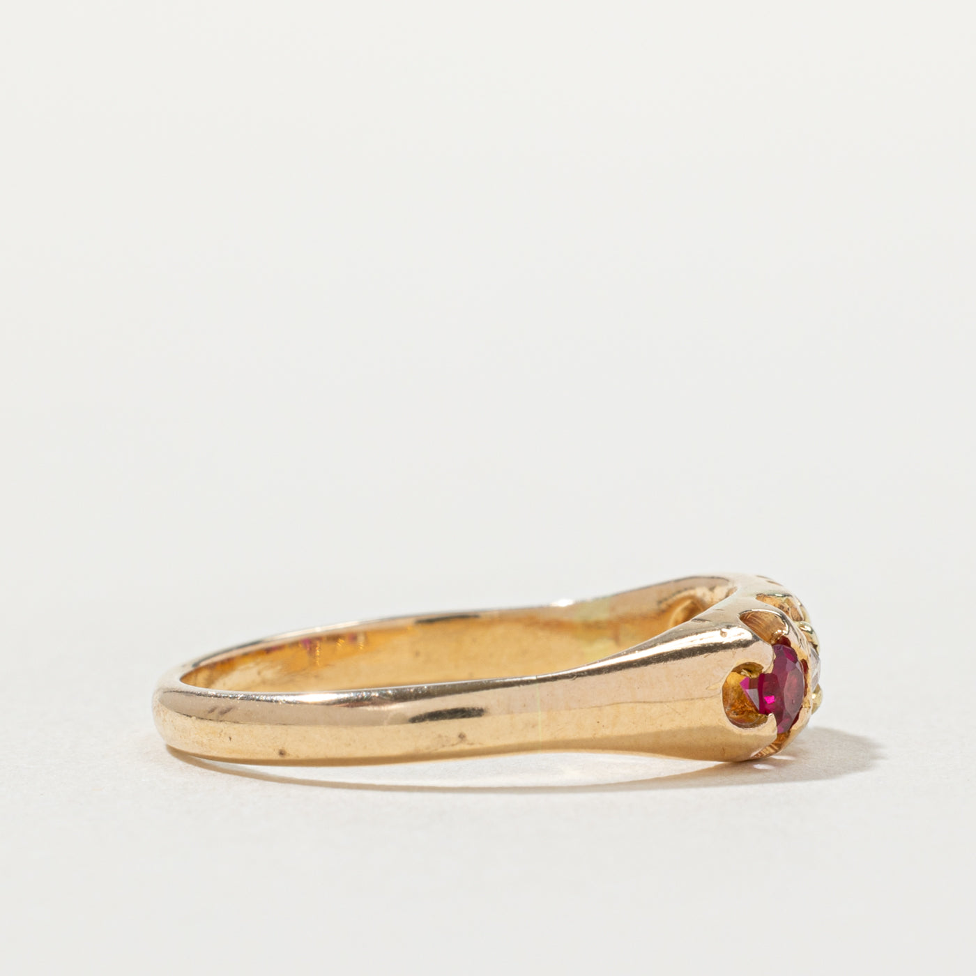 18k Synthetic Ruby & Natural Diamond Boat Ring | 0.35ctw, 0.06ctw | SZ 6.75