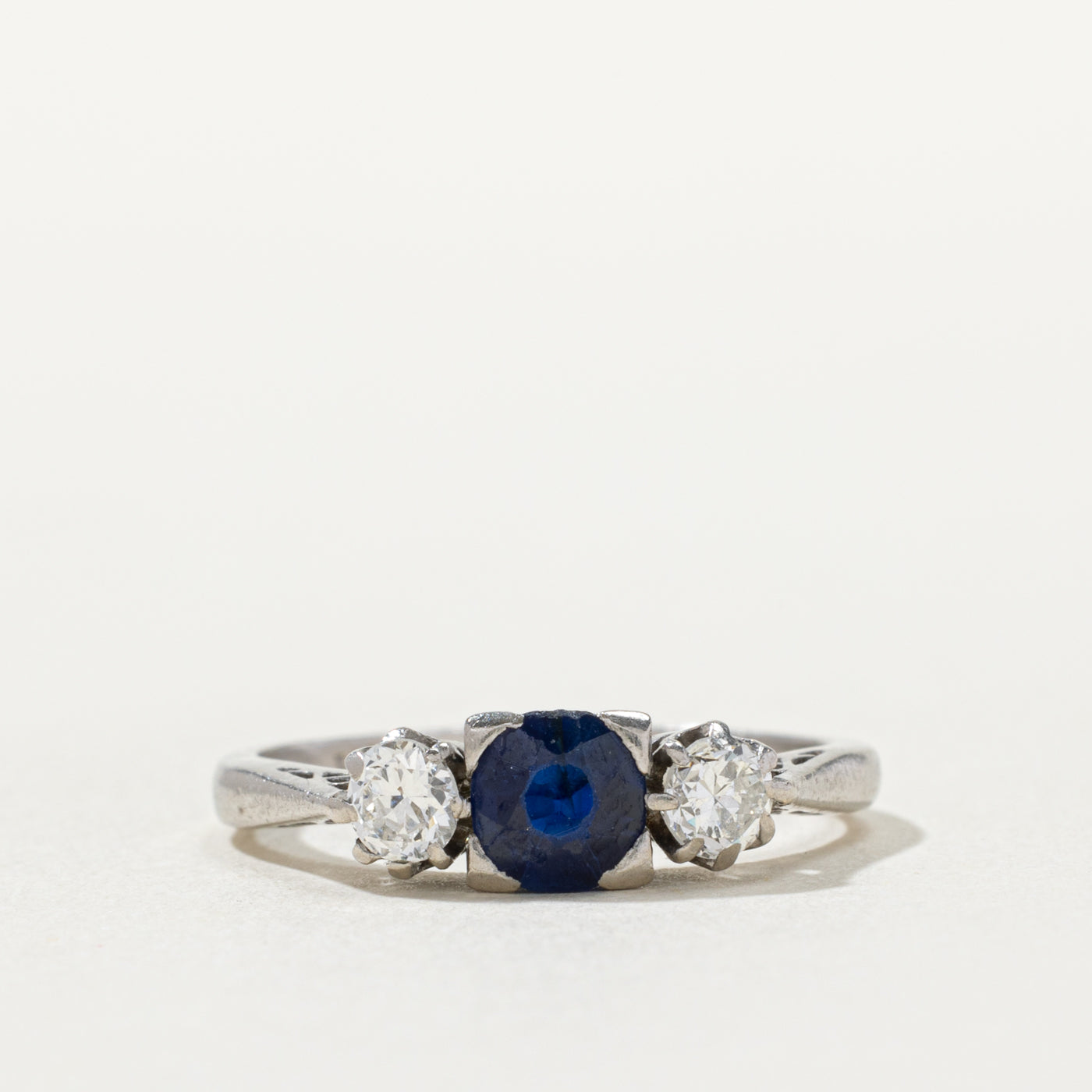 Art Deco 18k & Platinum Sapphire and Transitional Cut Diamond Ring | 0.60ct, 0.32ctw | SZ 6.5