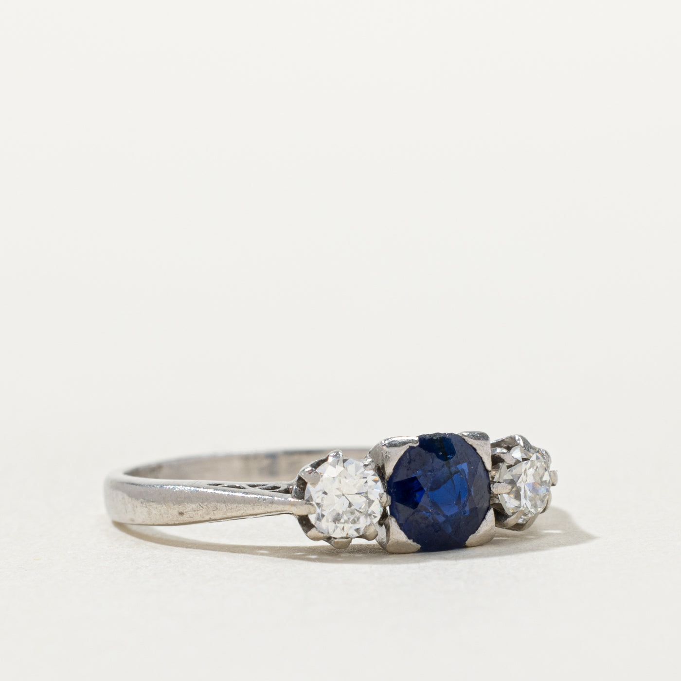 Art Deco 18k & Platinum Sapphire and Transitional Cut Diamond Ring | 0.60ct, 0.32ctw | SZ 6.5