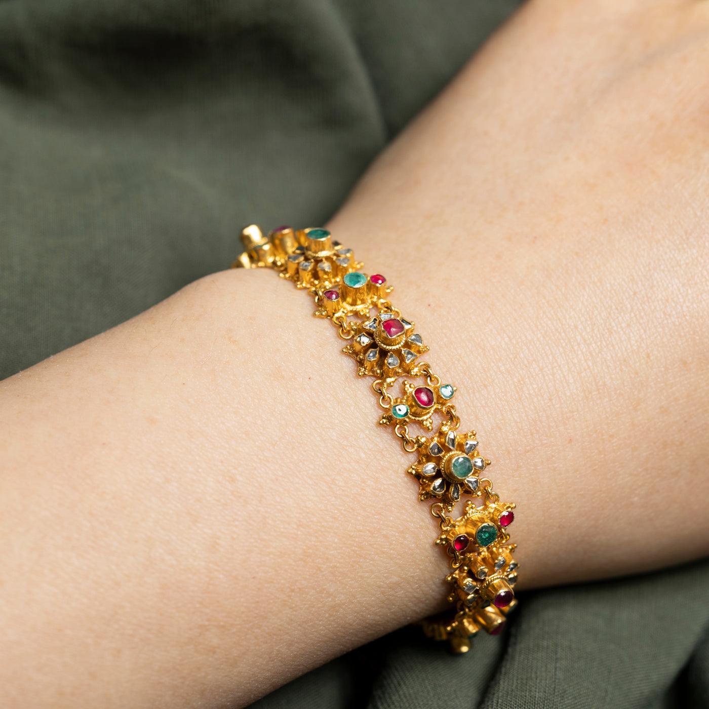 22k Ruby, Emerald & Diamond Floral Cluster Bracelet | 2.14ctw, 1.56ctw | 7"