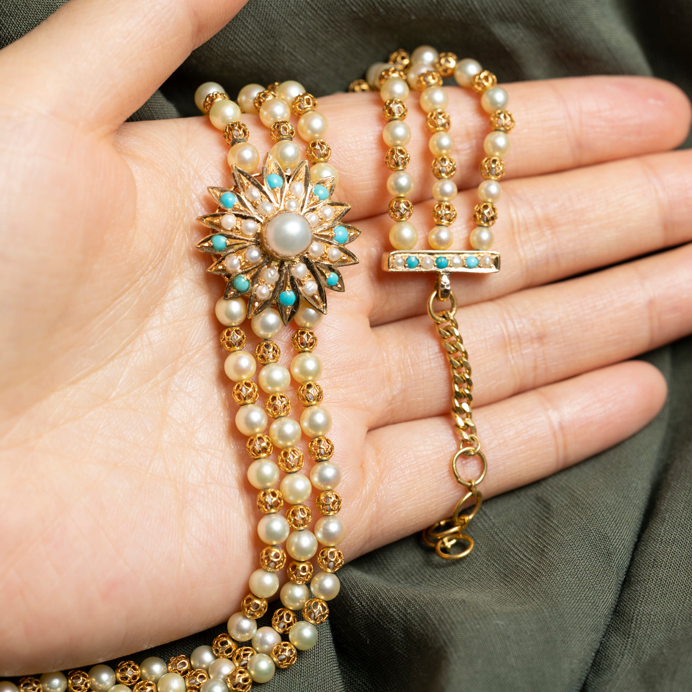 22k Turquoise & Pearl Floral Multi Layered Necklace | 13.5"