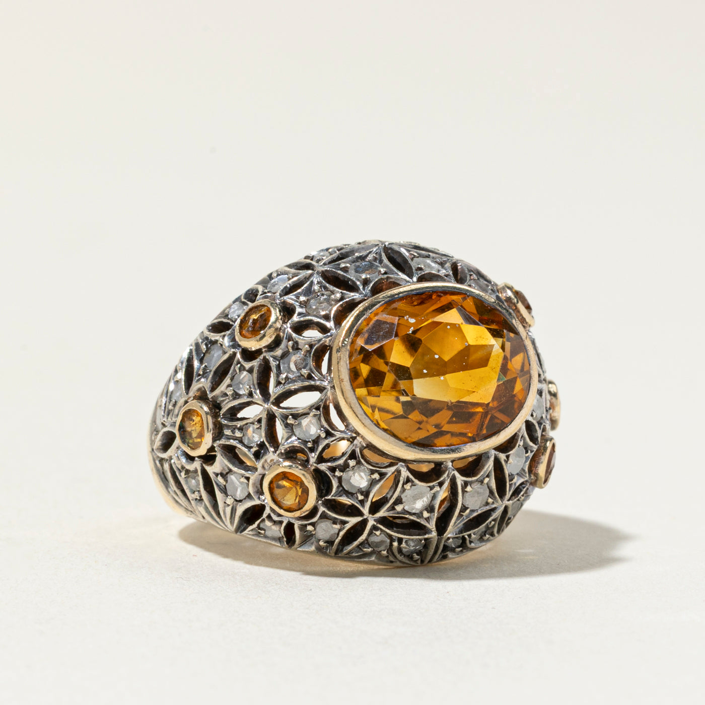 10k Citrine & Diamond Ornate Bombe Ring | 4.8ctw, 0.88ctw | SZ 8