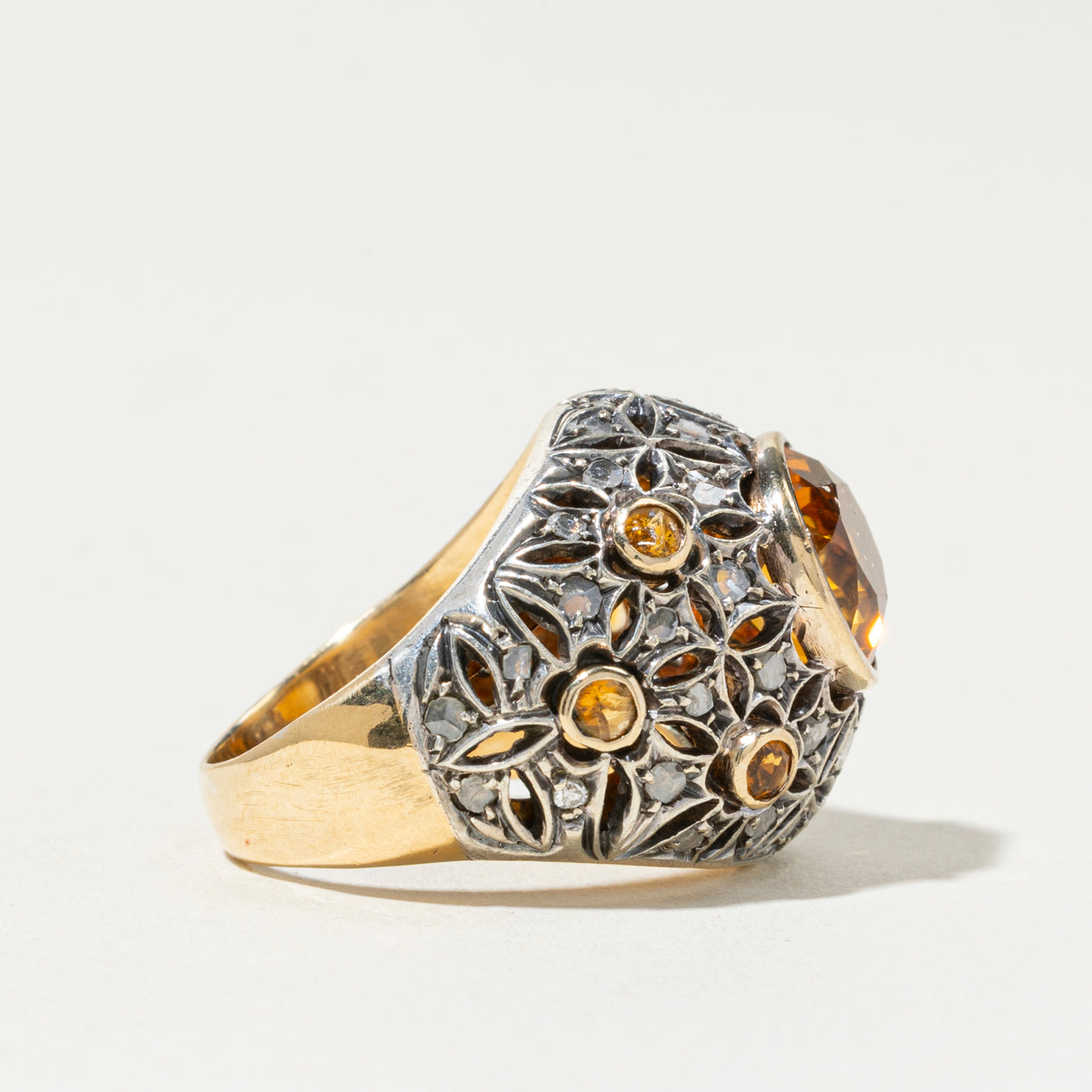 10k Citrine & Diamond Ornate Bombe Ring | 4.8ctw, 0.88ctw | SZ 8