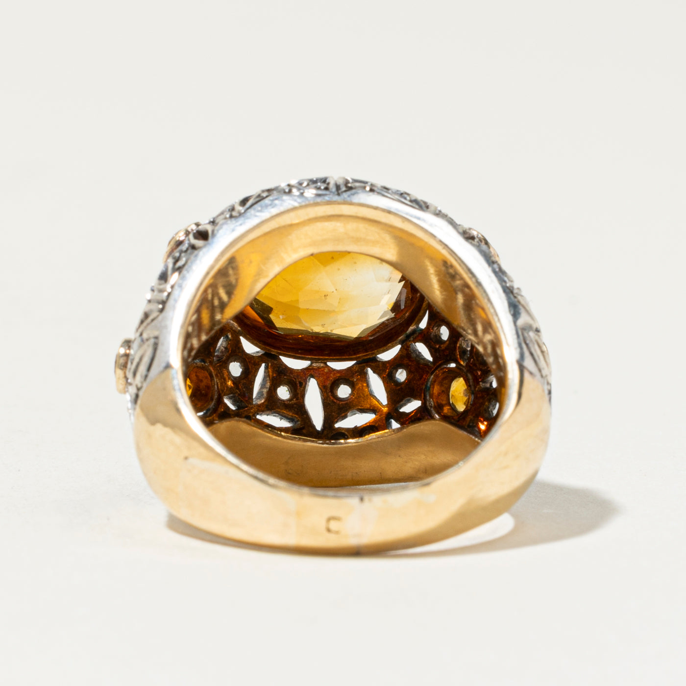 10k Citrine & Diamond Ornate Bombe Ring | 4.8ctw, 0.88ctw | SZ 8