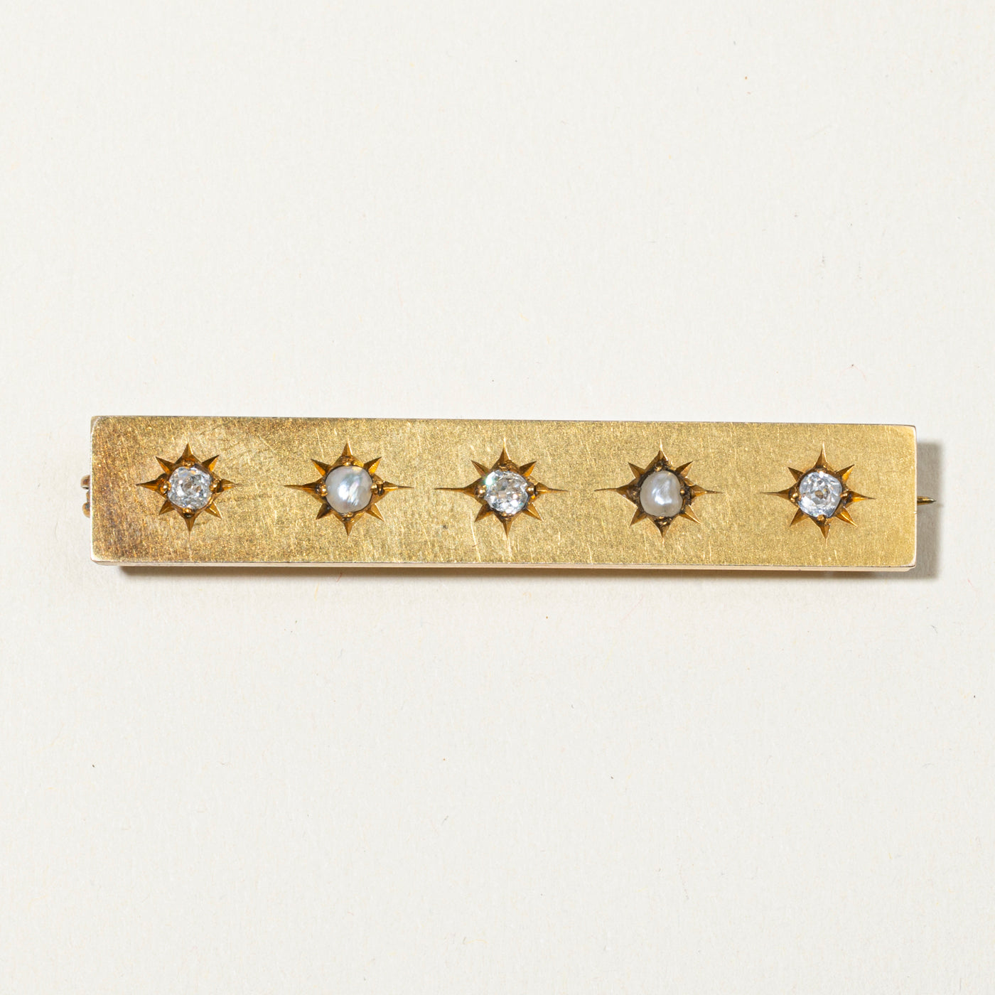 Victorian 14k Old Mine Diamond & Pearl Bar Brooch | 0.23ctw