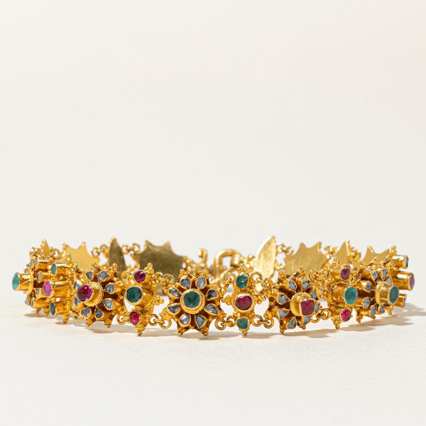 22k Ruby, Emerald & Diamond Floral Cluster Bracelet | 2.14ctw, 1.56ctw | 7"