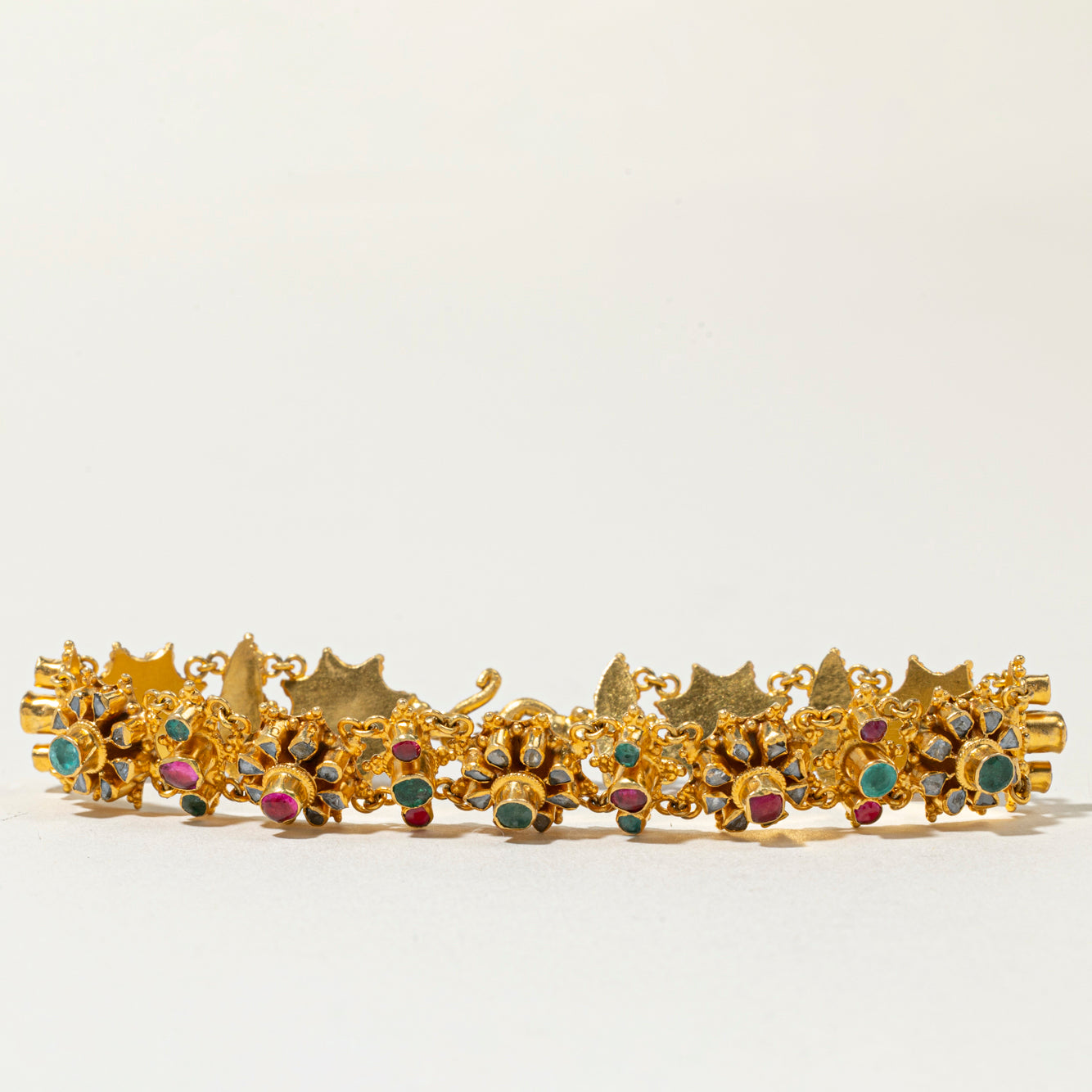 22k Ruby, Emerald & Diamond Floral Cluster Bracelet | 2.14ctw, 1.56ctw | 7"