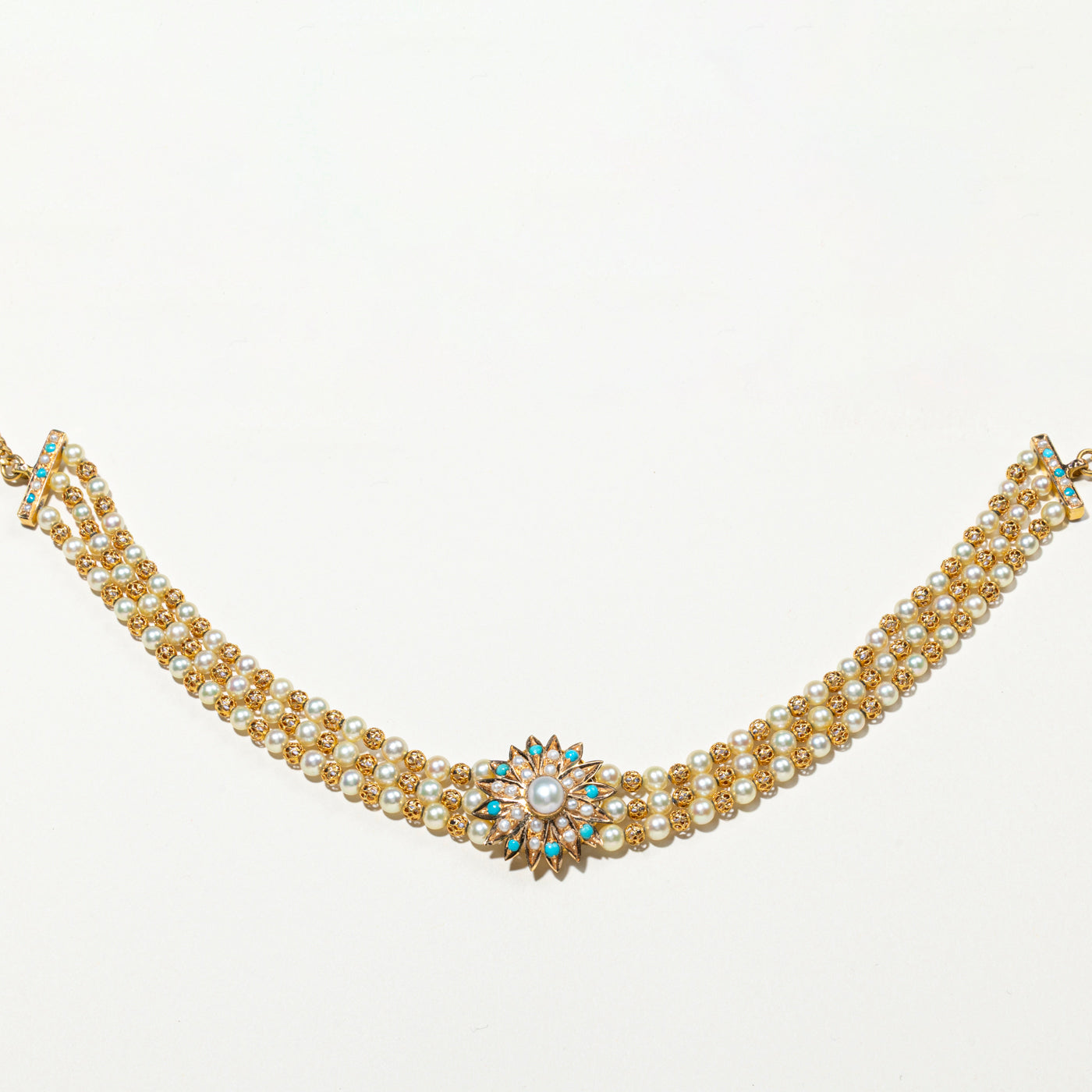 22k Turquoise & Pearl Floral Multi Layered Necklace | 13.5"