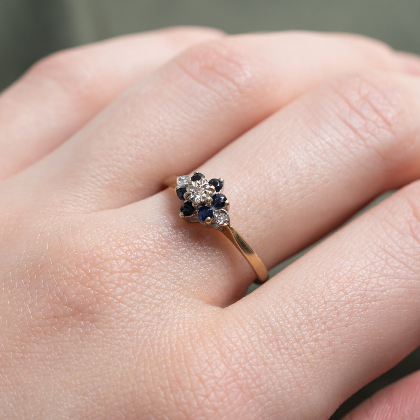 1985 London 9K Sapphire & Diamond Floral Cluster Ring | 0.18ctw, 0.02ct | SZ 7.25