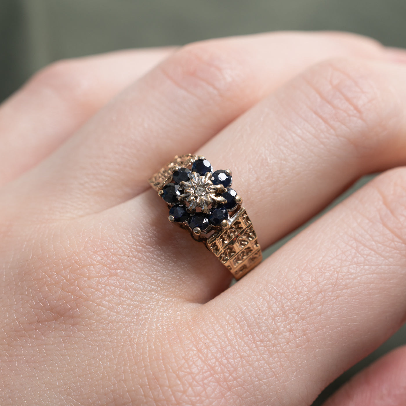 1979 Birmingham 9K Sapphire & Diamond Floral Cluster Ring | 0.40ctw, 0.01ctw | SZ 7