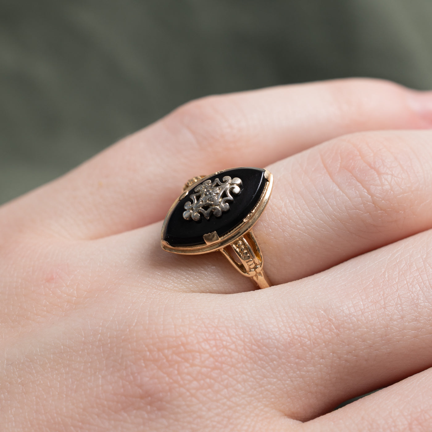 Vintage Canadian 14K Onyx & Diamond Navette Ring | 2.62ct, 0.02ct | SZ 5.75