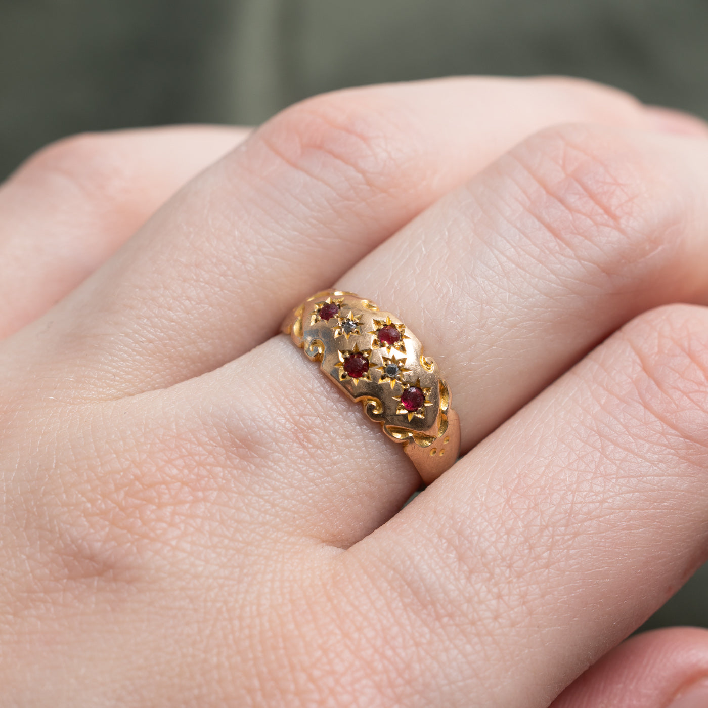 Antique Chester 9K Red Glass & Rose Cut Diamond Engraved Ring | 0.20ctw, 0.01ctw | SZ 6